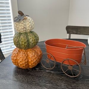 Pumpkin statue and wagon fall decor